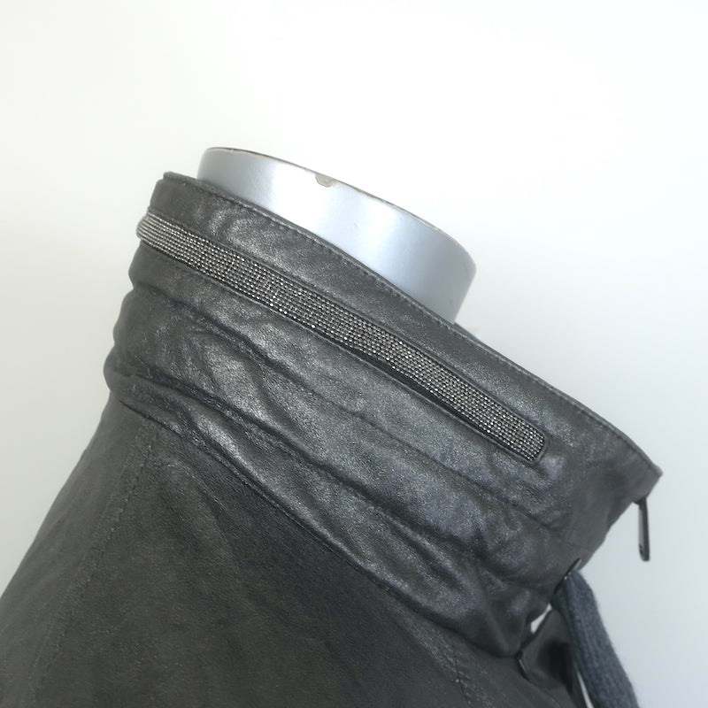Brunello Cucinelli Monili-Trim Metallic Leather Bomber Jacket Silver Size 42
