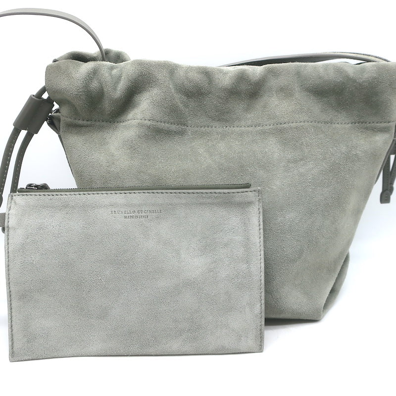 Brunello Cucinelli Monili Strap Bucket Bag Gray Suede Small Crossbody