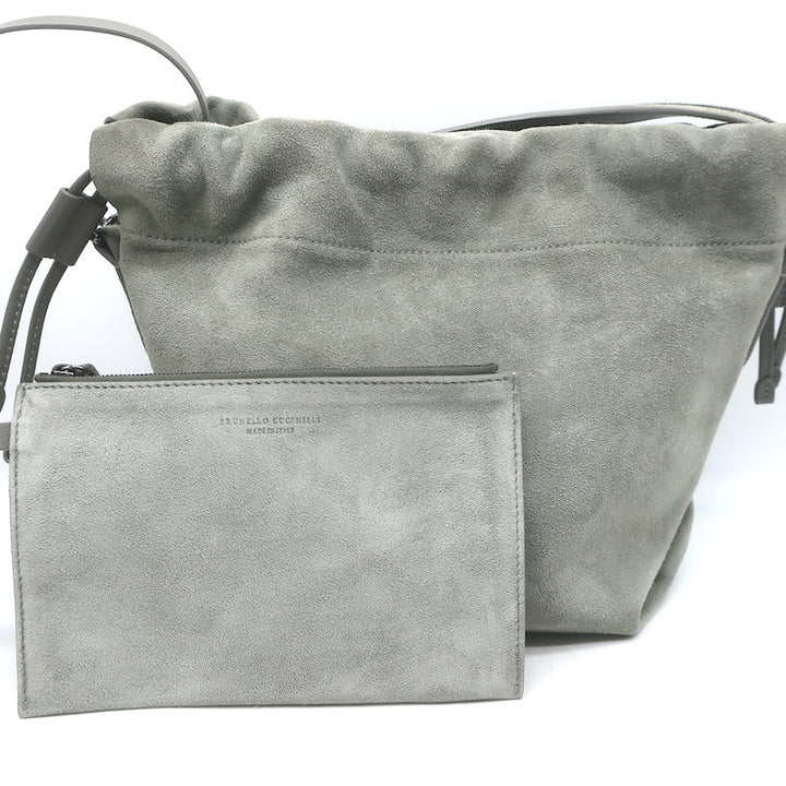 Brunello Cucinelli Monili Strap Bucket Bag Gray Suede Small Crossbody