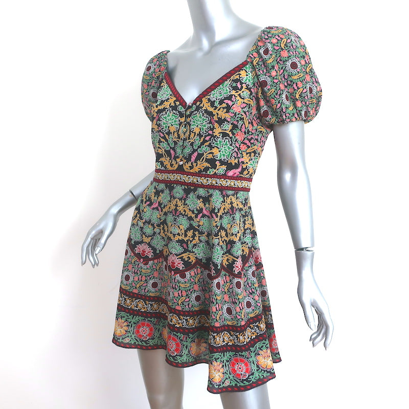 Alice + Olivia Puff Sleeve Mini Dress Dana Multicolor Floral Print Crepe Size 4