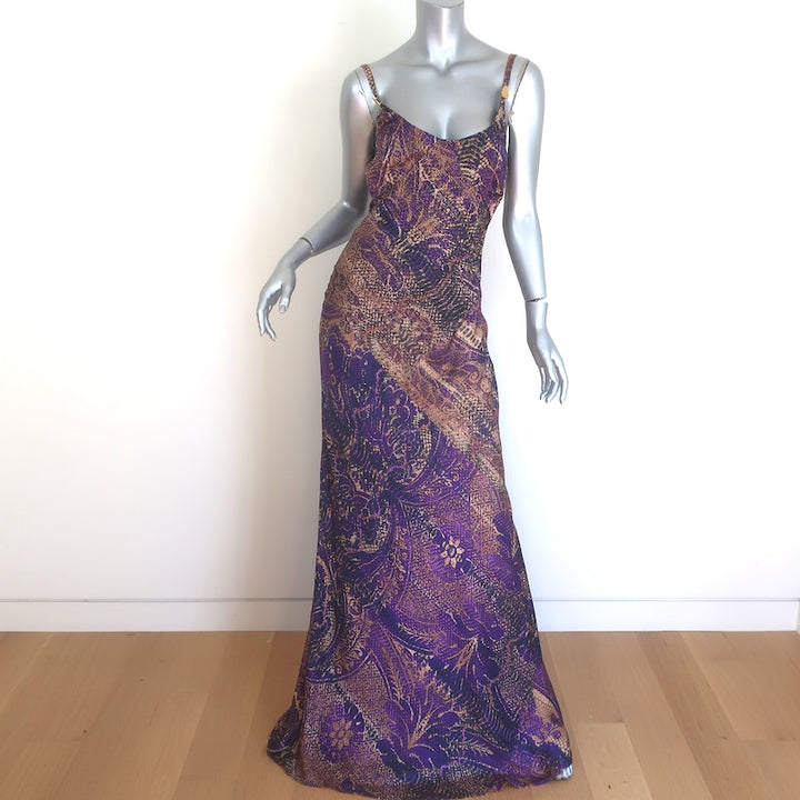 Just Cavalli Maxi Slip Dress Purple Baroque Snakeskin Print Satin Size 40 NEW