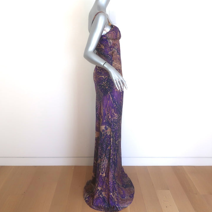 Just Cavalli Maxi Slip Dress Purple Baroque Snakeskin Print Satin Size 40 NEW