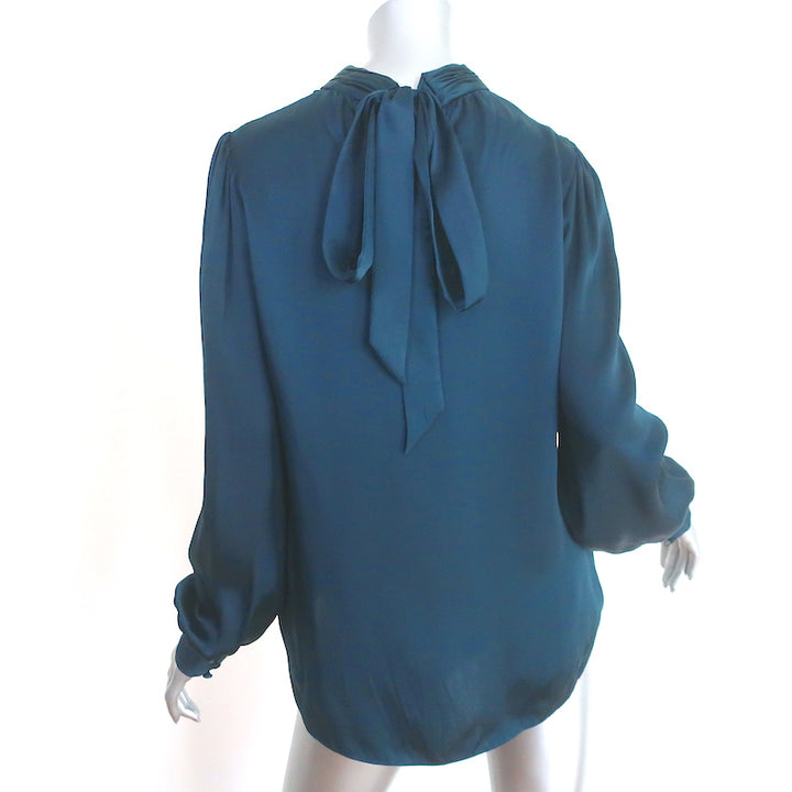 Veronica Beard Bow Back Blouse Chilton Navy Silk Satin Size 10 Long Sleeve Top