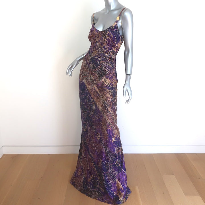 Just Cavalli Maxi Slip Dress Purple Baroque Snakeskin Print Satin Size 40 NEW