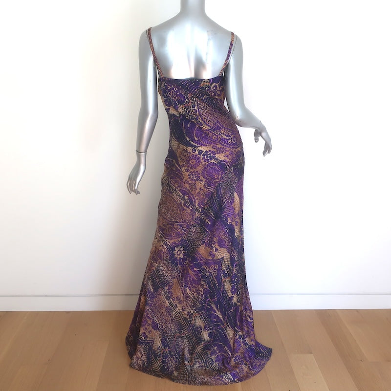 Just Cavalli Maxi Slip Dress Purple Baroque Snakeskin Print Satin Size 40 NEW