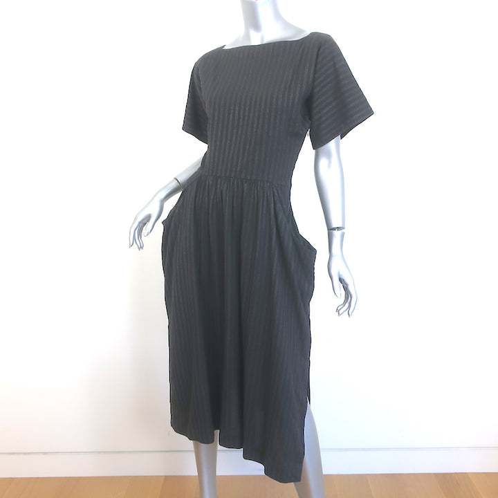 James Perse Striped Short Sleeve Midi Dress Black Cotton-Blend Size 1