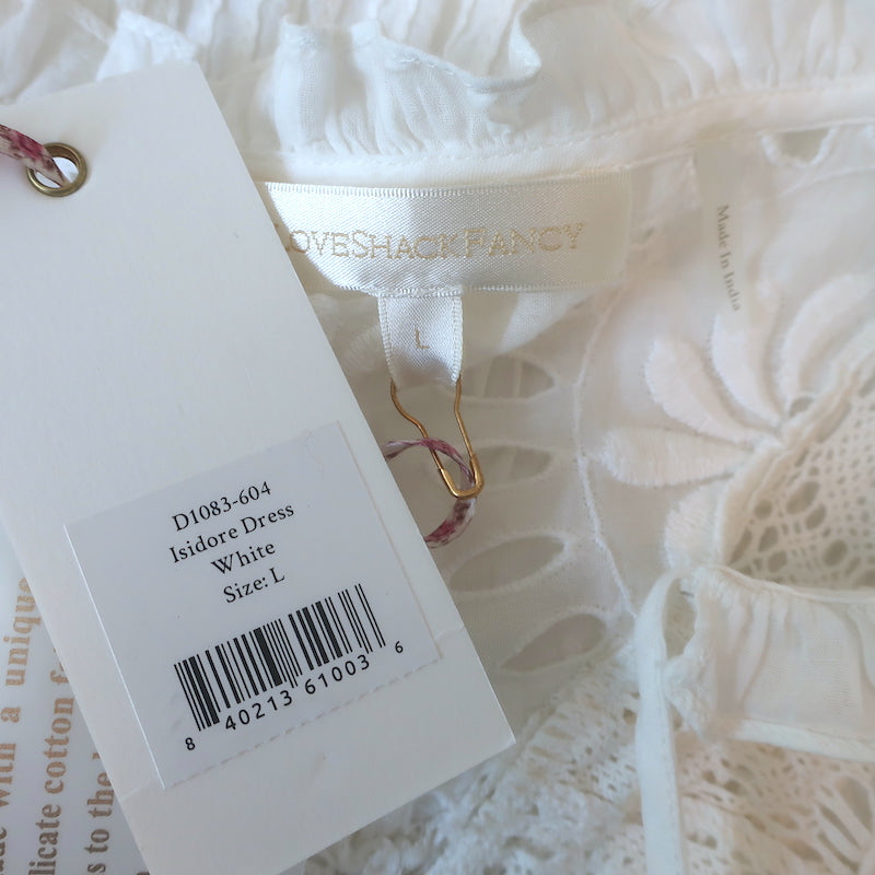 LoveShackFancy Isidore Puff Sleeve Mini Dress White Cotton Size Large NEW