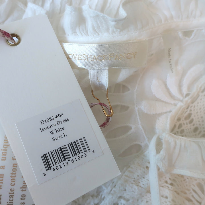 LoveShackFancy Isidore Puff Sleeve Mini Dress White Cotton Size Large NEW