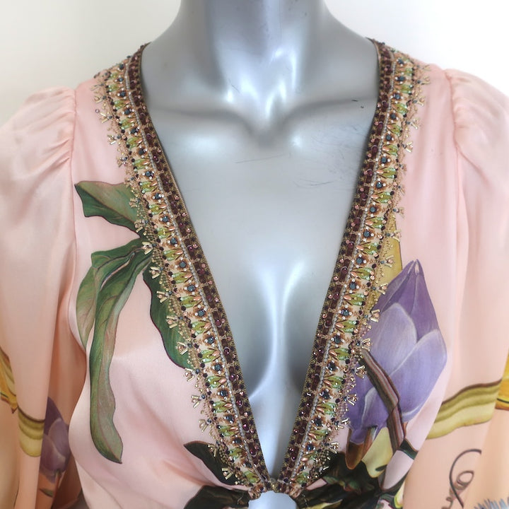 Camilla Original Sin U-Ring Cutout Maxi Dress Pink/Yellow Silk Size Small NEW