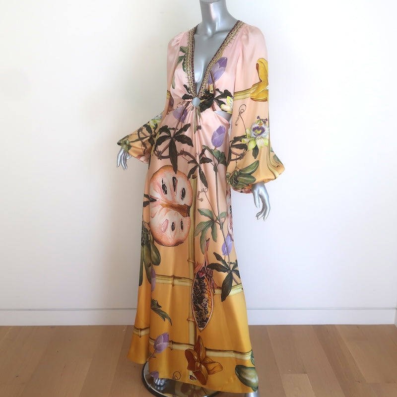 Camilla Original Sin U-Ring Cutout Maxi Dress Pink/Yellow Silk Size Small NEW