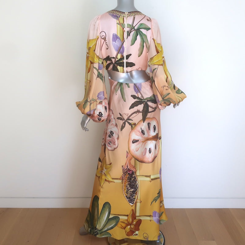 Camilla Original Sin U-Ring Cutout Maxi Dress Pink/Yellow Silk Size Small NEW