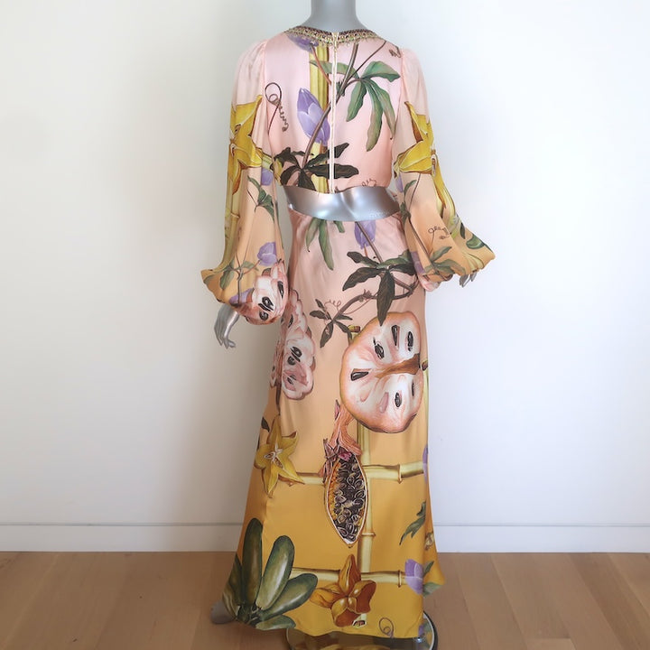 Camilla Original Sin U-Ring Cutout Maxi Dress Pink/Yellow Silk Size Small NEW
