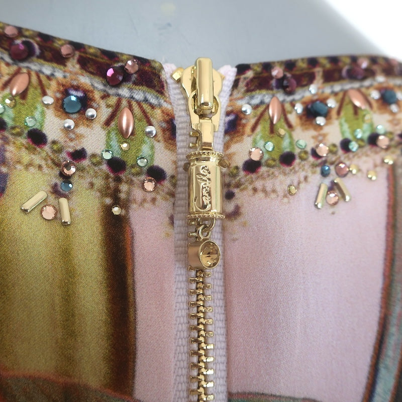 Camilla Original Sin U-Ring Cutout Maxi Dress Pink/Yellow Silk Size Small NEW