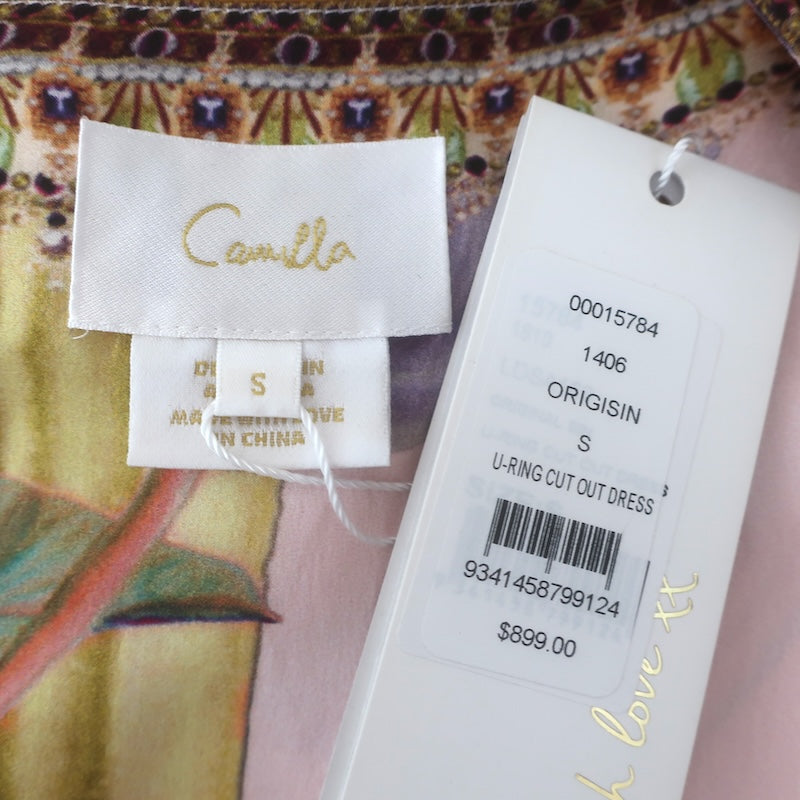 Camilla Original Sin U-Ring Cutout Maxi Dress Pink/Yellow Silk Size Small NEW