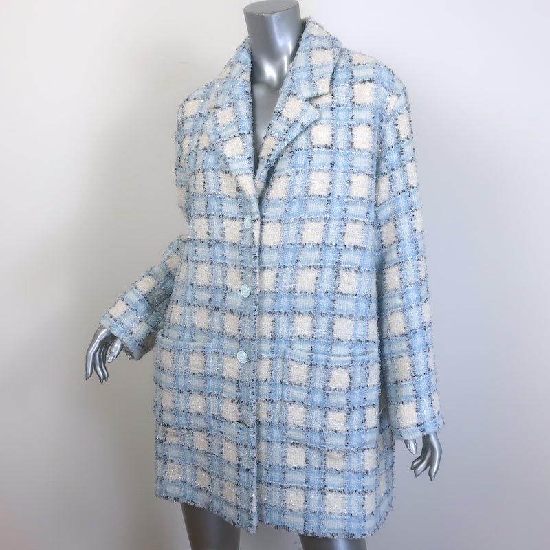 Chanel 22B Sequined Checked Tweed Coat Light Blue/White Size 38