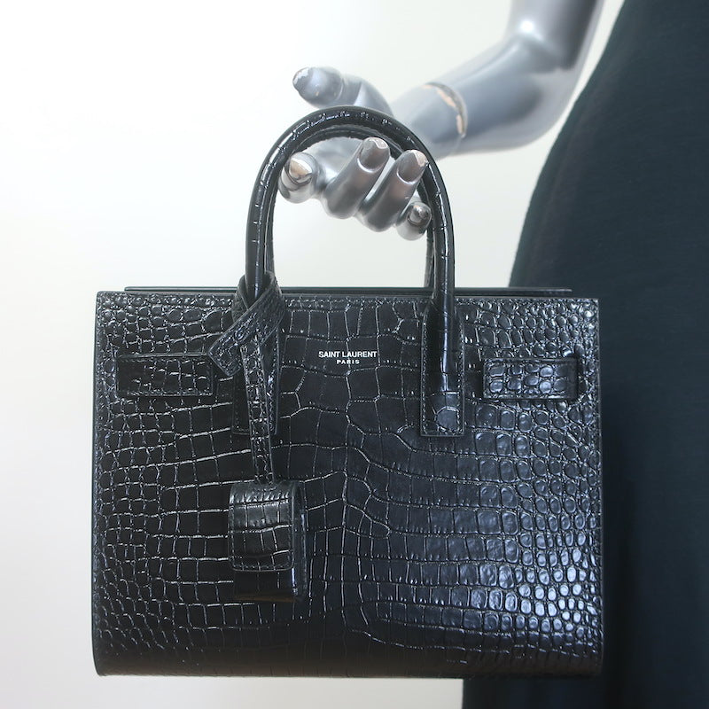 Saint Laurent Sac De Jour Nano Tote Black Croc-Embossed Leather Crossbody Bag NEW