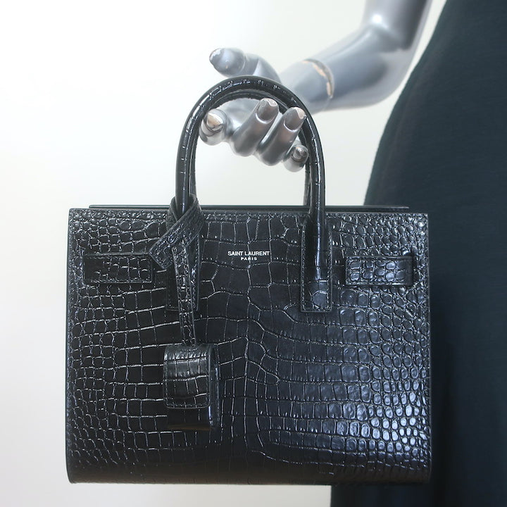 Saint Laurent Sac De Jour Nano Tote Black Croc-Embossed Leather Crossbody Bag NEW