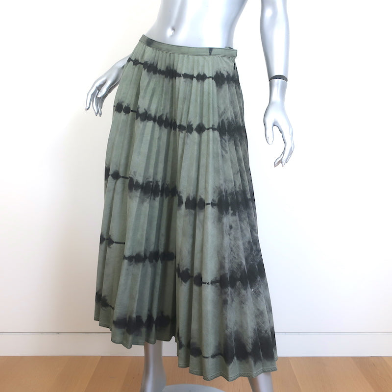 Christian Dior Pleated Tie Dye Denim Midi Skirt Olive Gray Cotton Size 38