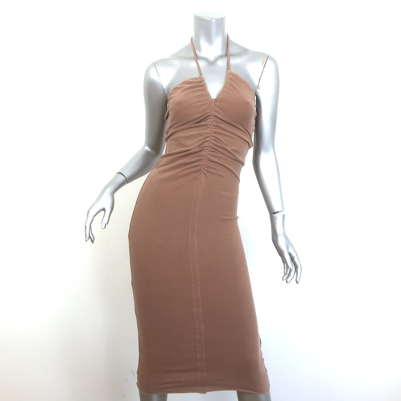 James Perse Ruched Halter Midi Dress Tan Stretch Jersey Size 1 Celebrity Owned James Perse Ruched Halter Midi Dress Tan Stretch Jersey Size 1 Celebrity Owned
