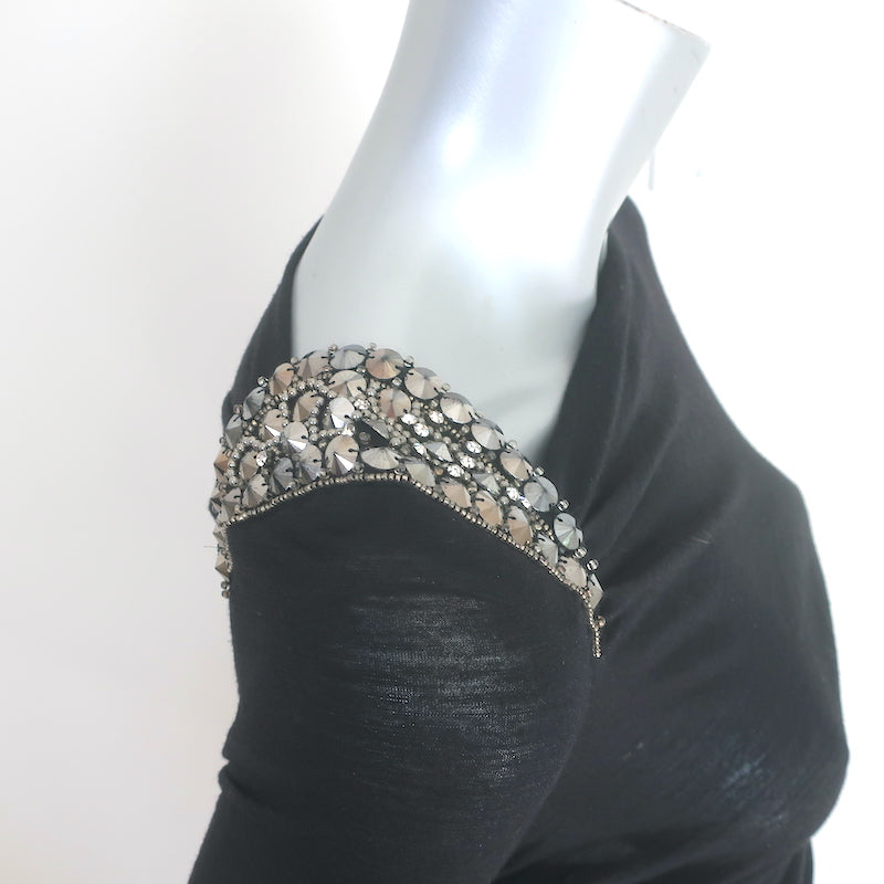 Emilio Pucci Embellished Shoulder Dress Black Ruched Wool Jersey Size US 6