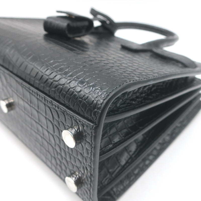 Saint Laurent Sac De Jour Nano Tote Black Croc-Embossed Leather Crossbody Bag NEW