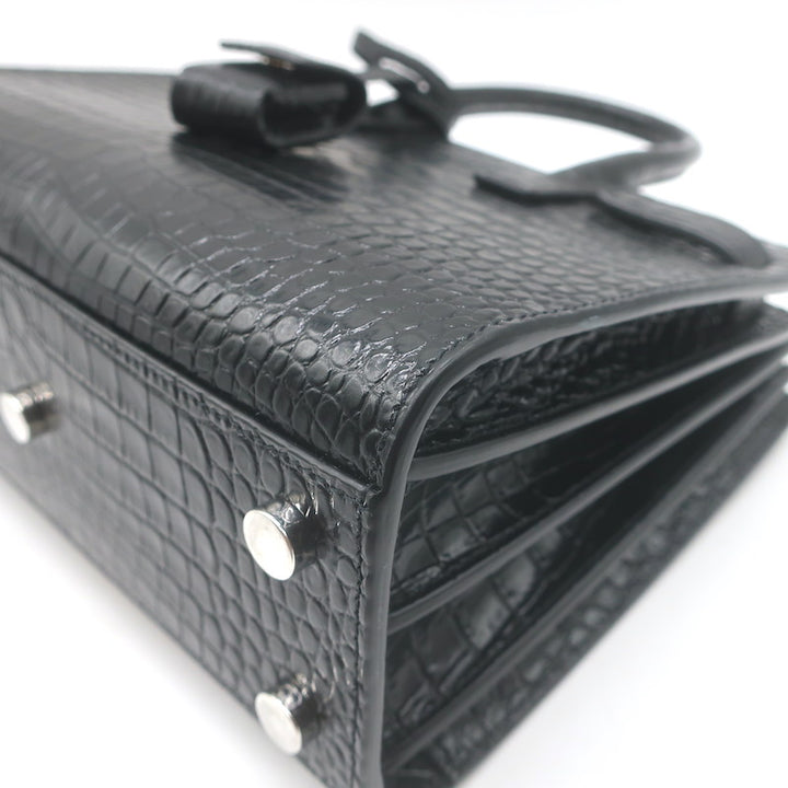 Saint Laurent Sac De Jour Nano Tote Black Croc-Embossed Leather Crossbody Bag NEW