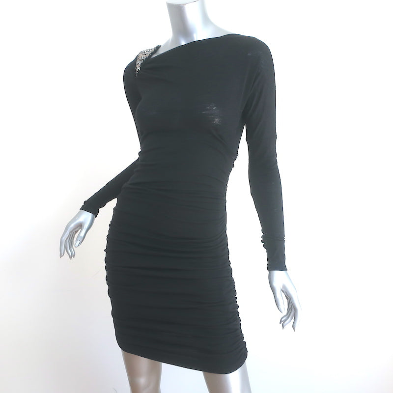 Emilio Pucci Embellished Shoulder Dress Black Ruched Wool Jersey Size US 6