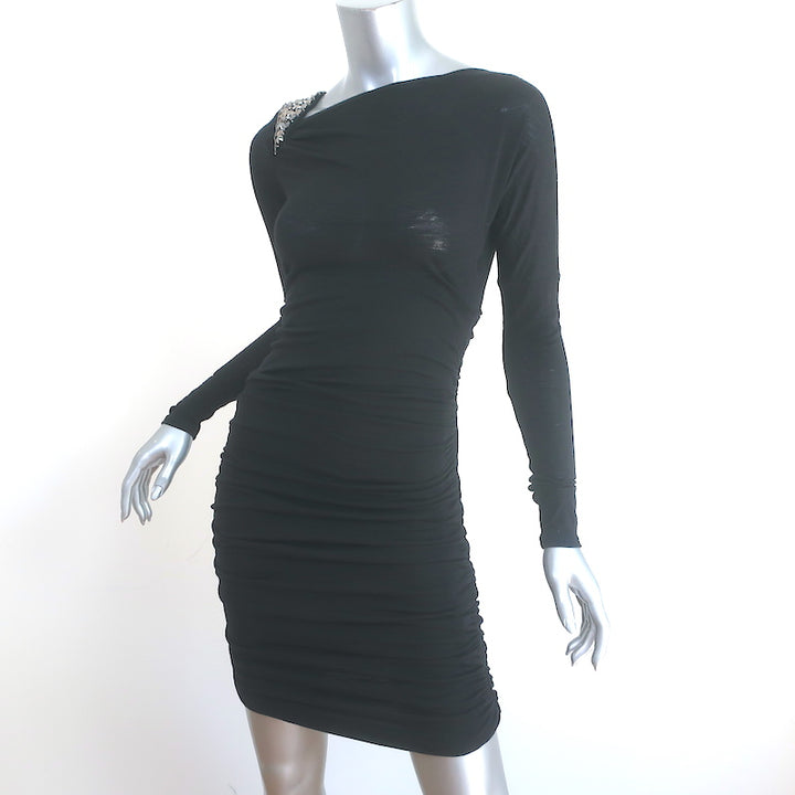 Emilio Pucci Embellished Shoulder Dress Black Ruched Wool Jersey Size US 6