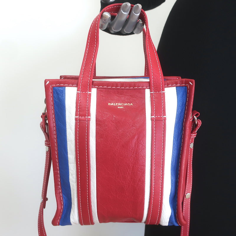 Balenciaga Bazar XS Striped Convertible Tote Red/Blue Leather Crossbody NEW