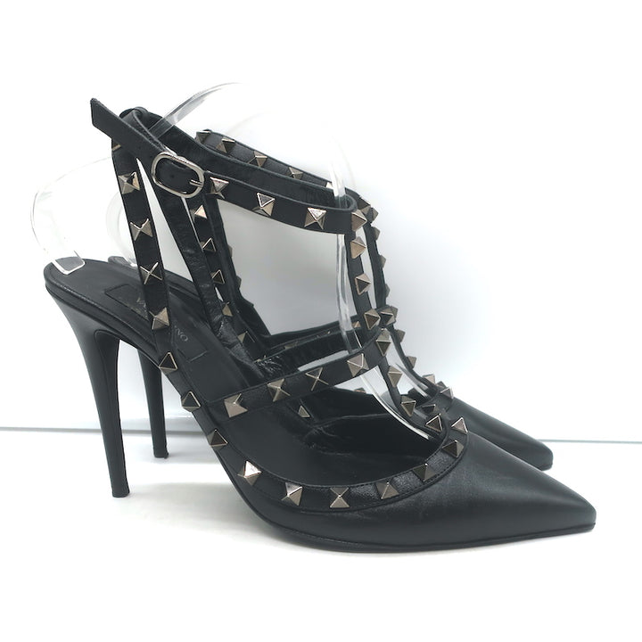 Valentino Noir Rockstud Caged Pumps Black Leather Size 39 Pointed Toe Heels
