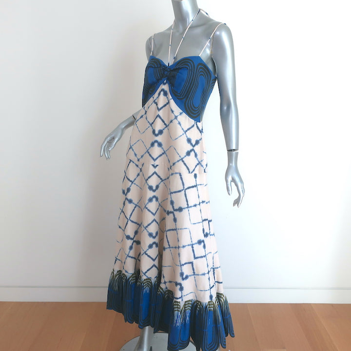 Alexis Halter Midi Dress Nuri Cream/Blue Printed Linen-Cotton Size Medium