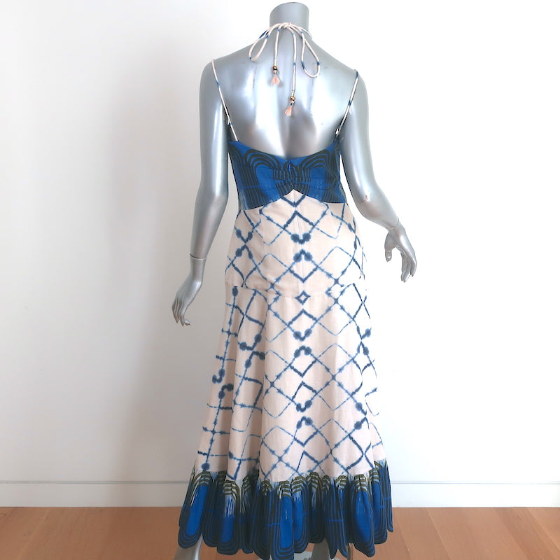 Alexis Halter Midi Dress Nuri Cream/Blue Printed Linen-Cotton Size Med Celebrity Owned Alexis Halter Midi Dress Nuri Cream/Blue Printed Linen-Cotton Size Med Celebrity Owned