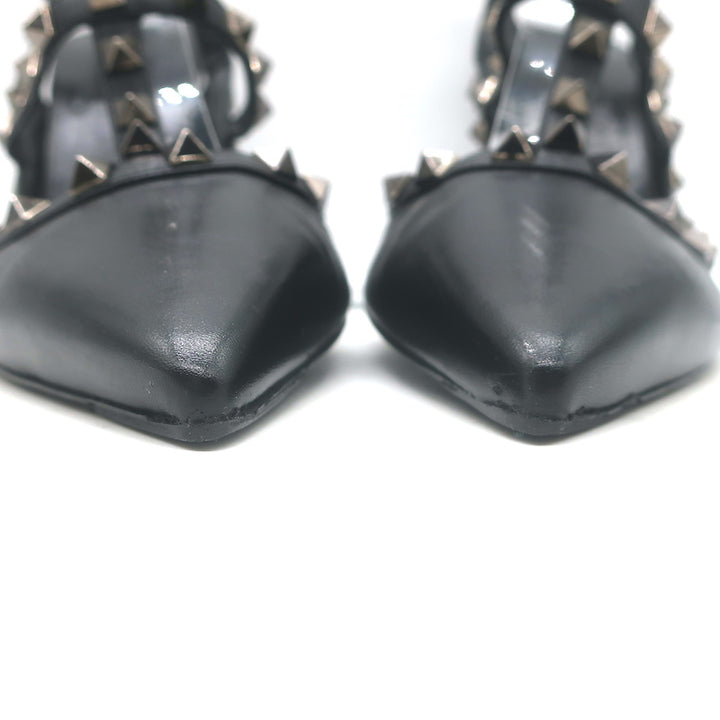 Valentino Noir Rockstud Caged Pumps Black Leather Size 39 Pointed Toe Heels