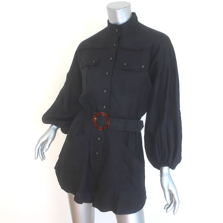 Zimmermann Devi Ballon-Sleeve Belted Romper Black Linen Size 0