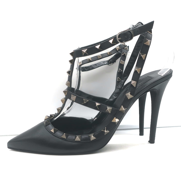 Valentino Noir Rockstud Caged Pumps Black Leather Size 39 Pointed Toe Heels
