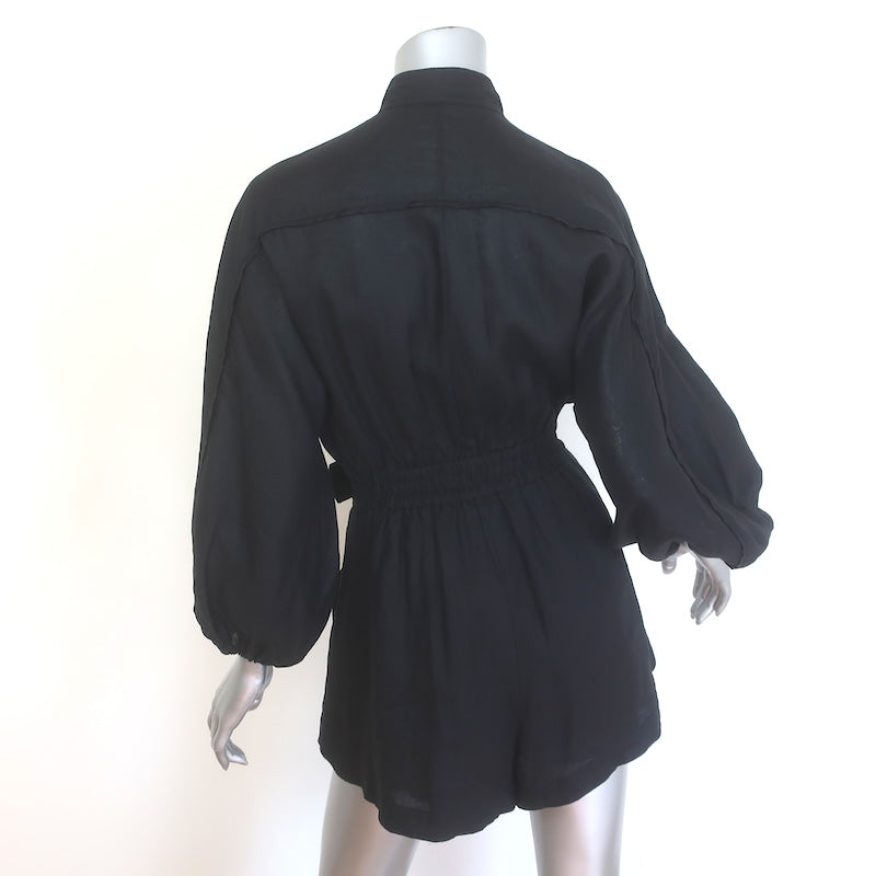 Zimmermann Devi Ballon-Sleeve Belted Romper Black Linen Size 0