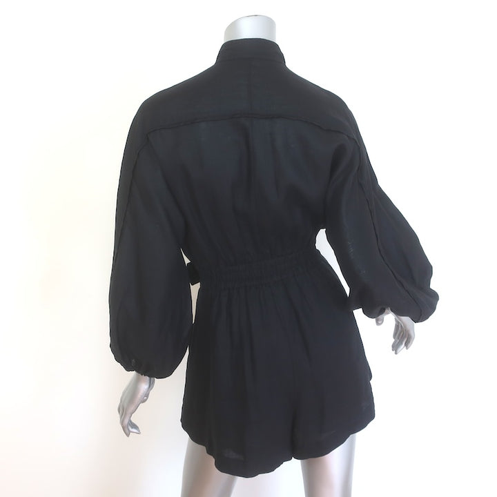 Zimmermann Devi Ballon-Sleeve Belted Romper Black Linen Size 0