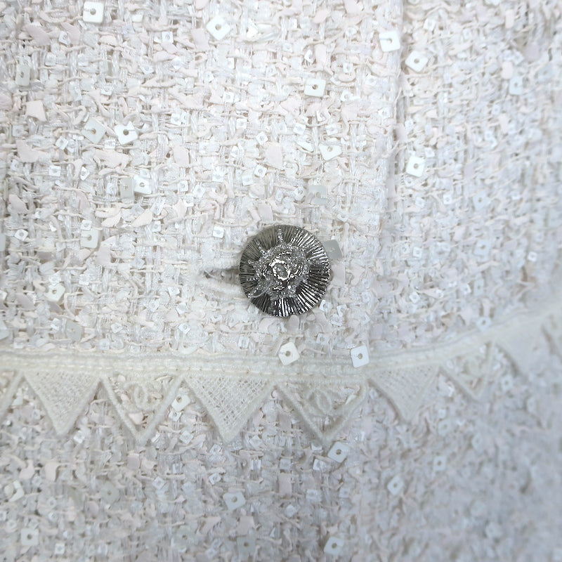 Chanel CC Embroidered Lace-Trim Sequined Tweed Jacket Cream Size 42