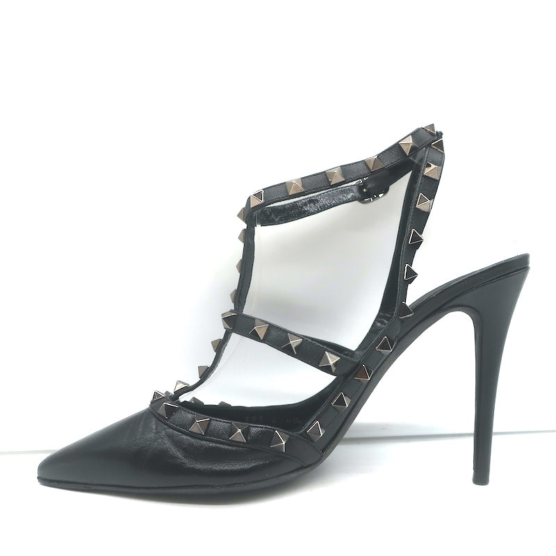 Valentino Noir Rockstud Caged Pumps Black Leather Size 39 Pointed Toe Heels