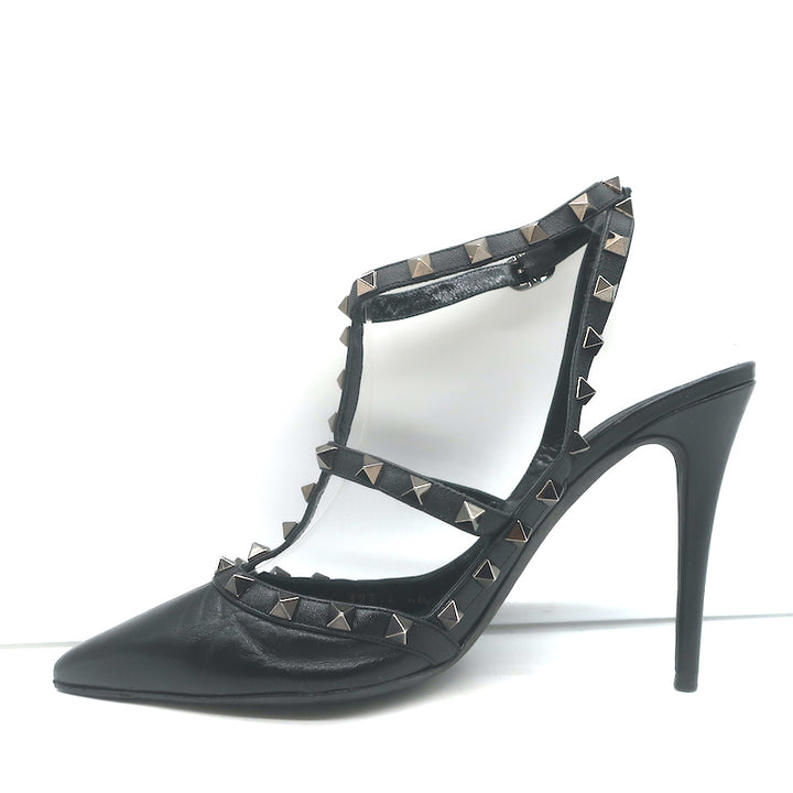 Valentino Noir Rockstud Caged Pumps Black Leather Size 39 Pointed Toe Heels