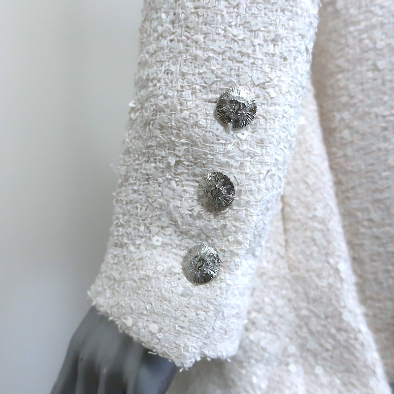 Chanel CC Embroidered Lace-Trim Sequined Tweed Jacket Cream Size 42