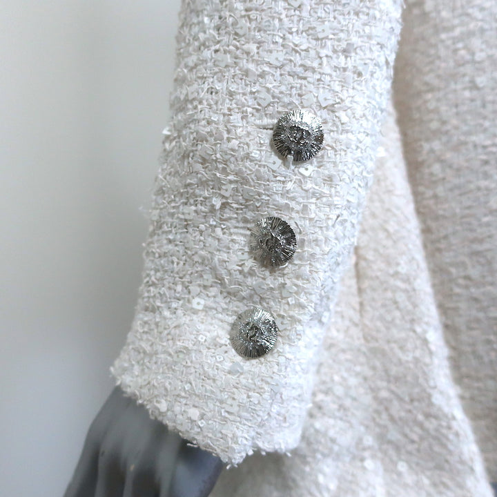 Chanel CC Embroidered Lace-Trim Sequined Tweed Jacket Cream Size 42