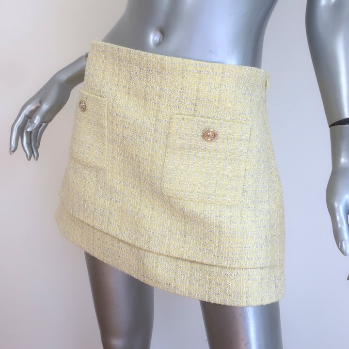 Maje Jitania Tweed Mini Skirt Light Yellow/Silver Cotton-Blend Size 38 NEW