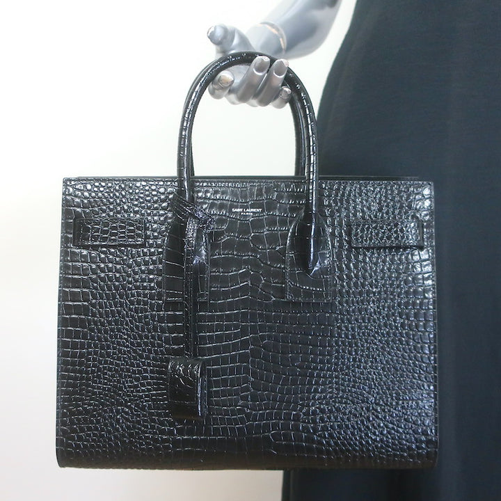 Saint Laurent Sac De Jour Small Tote Black Croc-Embossed Leather Crossbody Bag NEW