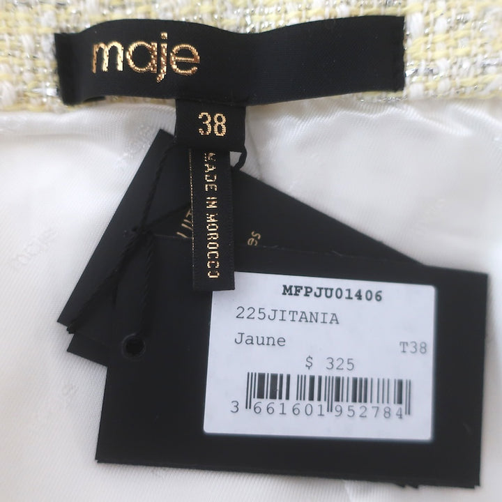 Maje Jitania Tweed Mini Skirt Light Yellow/Silver Cotton-Blend Size 38 NEW