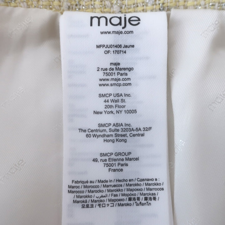 Maje Jitania Tweed Mini Skirt Light Yellow/Silver Cotton-Blend Size 38 NEW