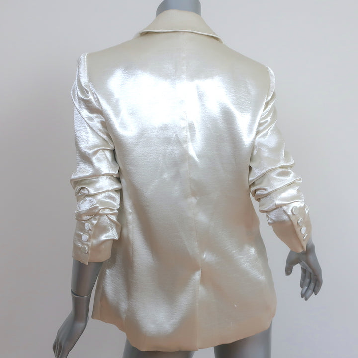 Cinq a Sept Kylie Scrunched-Sleeve Satin Blazer Ivory Size 0 One-Button Jacket