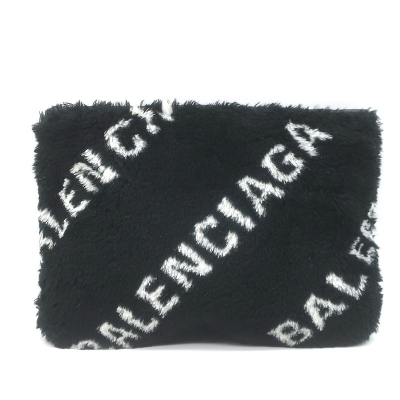 Balenciaga Allover Logo Faux Fur Clutch Black