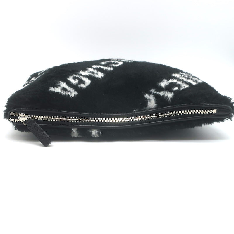 Balenciaga Allover Logo Faux Fur Clutch Black