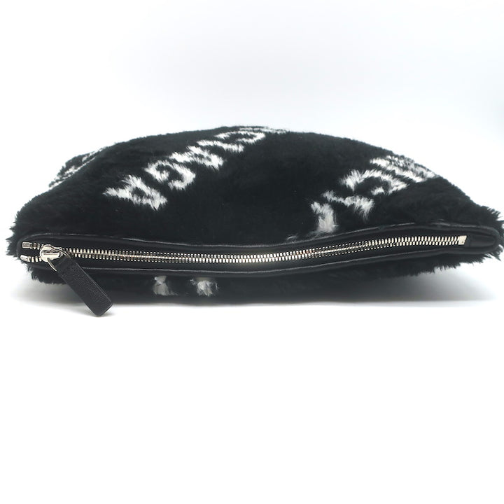 Balenciaga Allover Logo Faux Fur Clutch Black